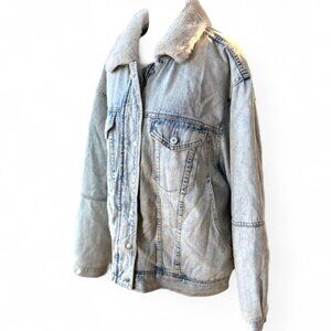 American Eagle Light Blue Acid Wash Faux Fur Lined Denim Jean Jacket Size XXL